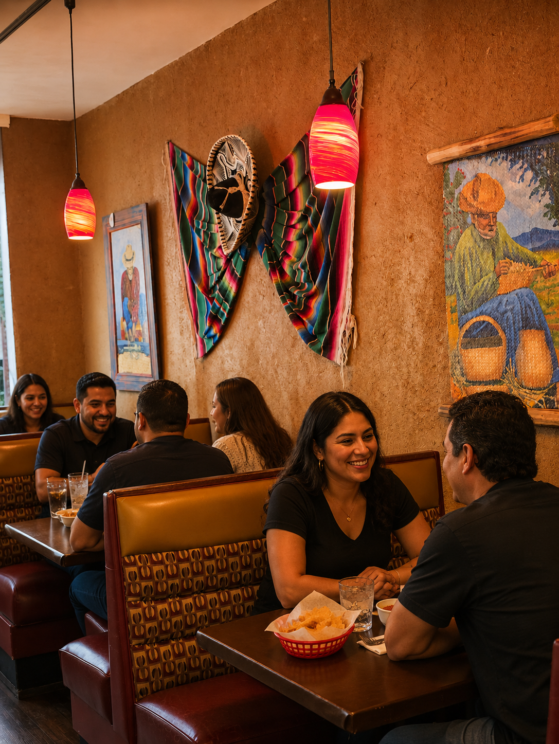 Friends gathered at a booth sharing food and drinks