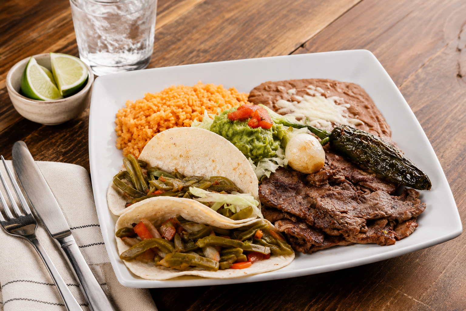 Carne asada plate with nopales tacos, rice and beans
