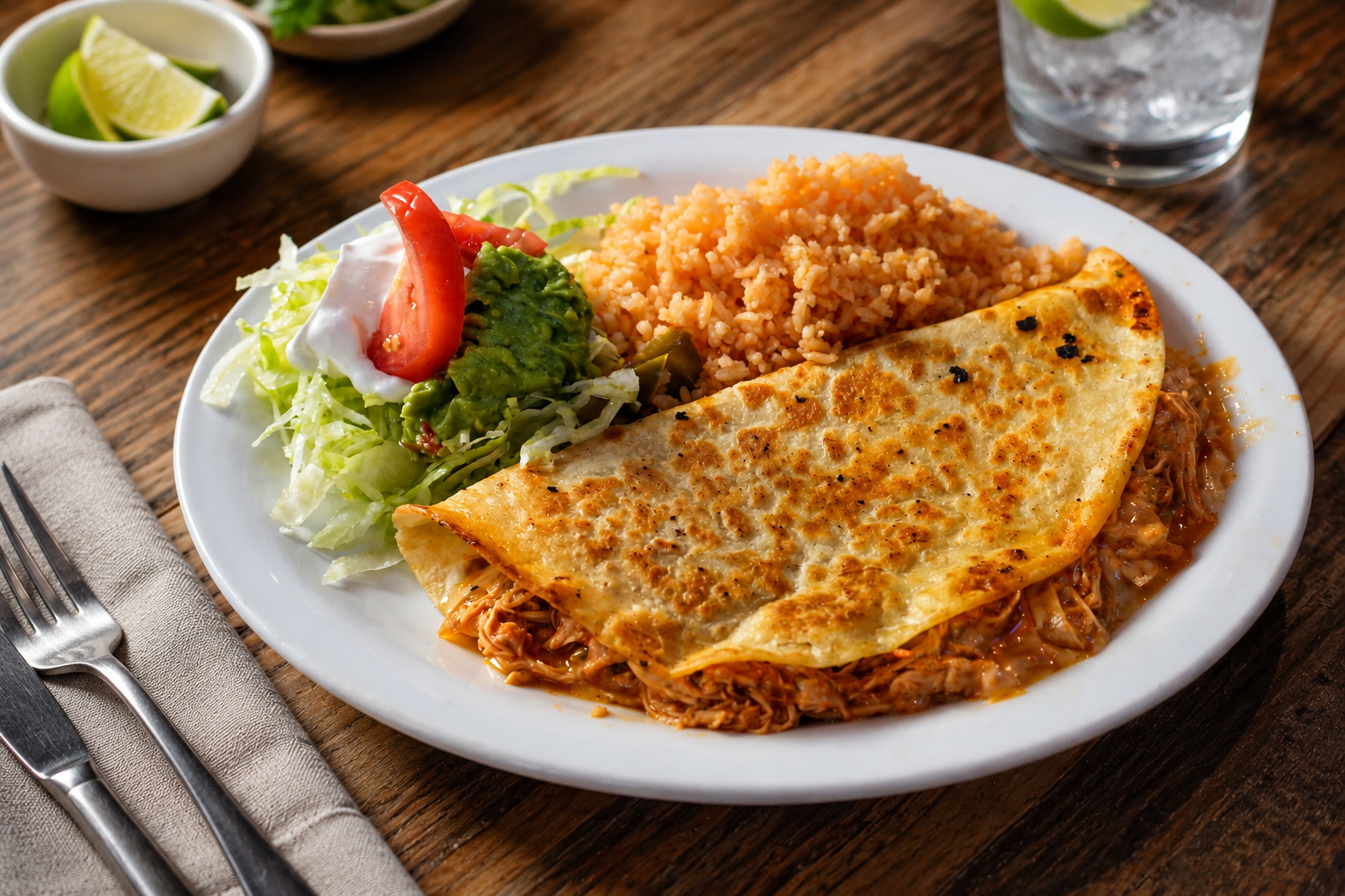 Chicken quesadilla with rice, lettuce and guacamole