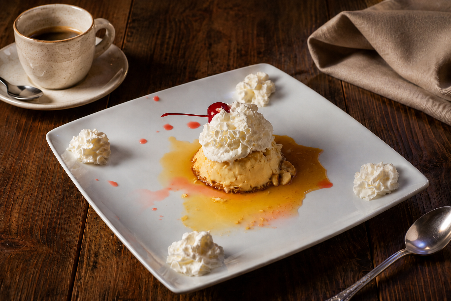 Flan with caramel and whipped cream