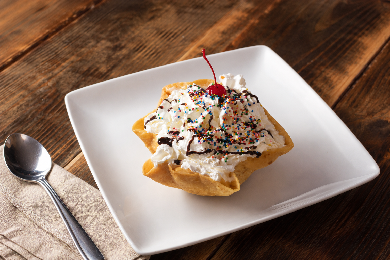 Fried ice cream with chocolate, sprinkles and cherry