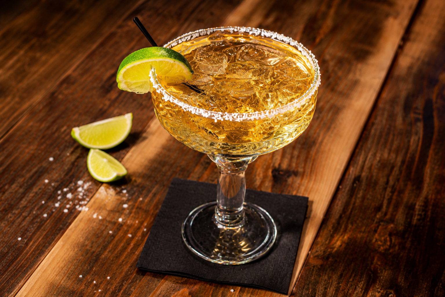 Golden margarita on the rocks with salted rim and lime