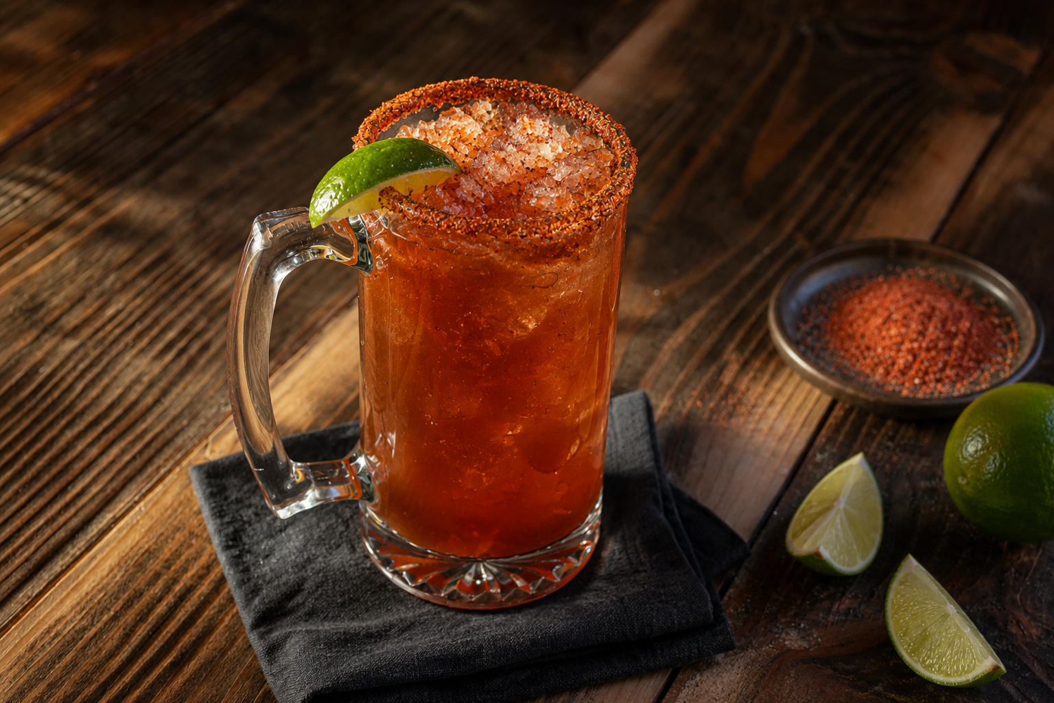 Michelada with chili-salt rim and lime