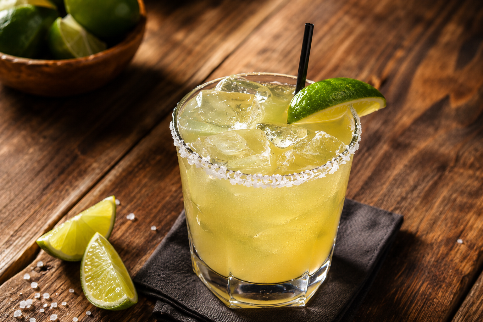 Margarita on the rocks with salted rim and lime